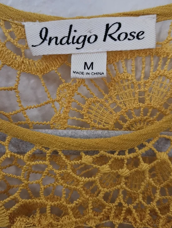 Indigo Rose Mustard Yellow Boho Crochet Lace Mini Dress | Bell Sleeve Bohemian M - Picture 10 of 10